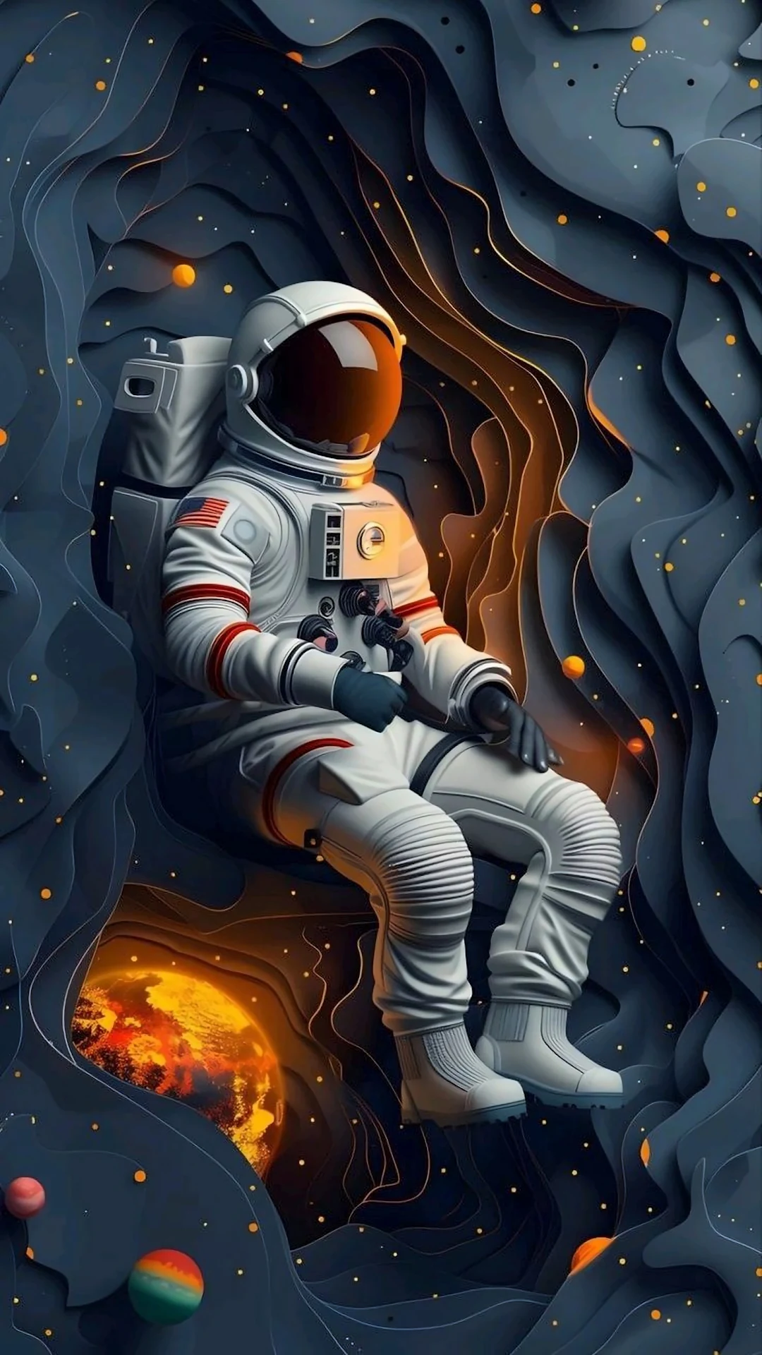 Stylized Astronaut in Layered Paper Cut Cosmic Abyss Art - Free 4K mobile Wallpaper
