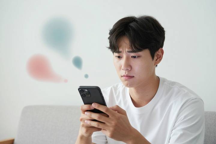 스마트폰 화면을 보며 혼란스러워하는 한국인 남성