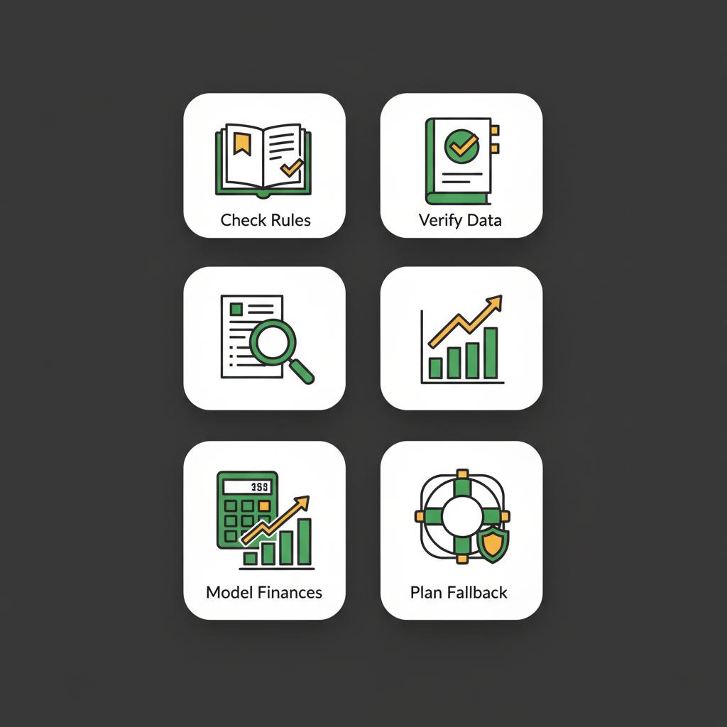 Minimalist 2D vector checklist with rulebook magnifier calculator and lifebuoy icons on dark background illustrating steps how to buy airbnb property with no money