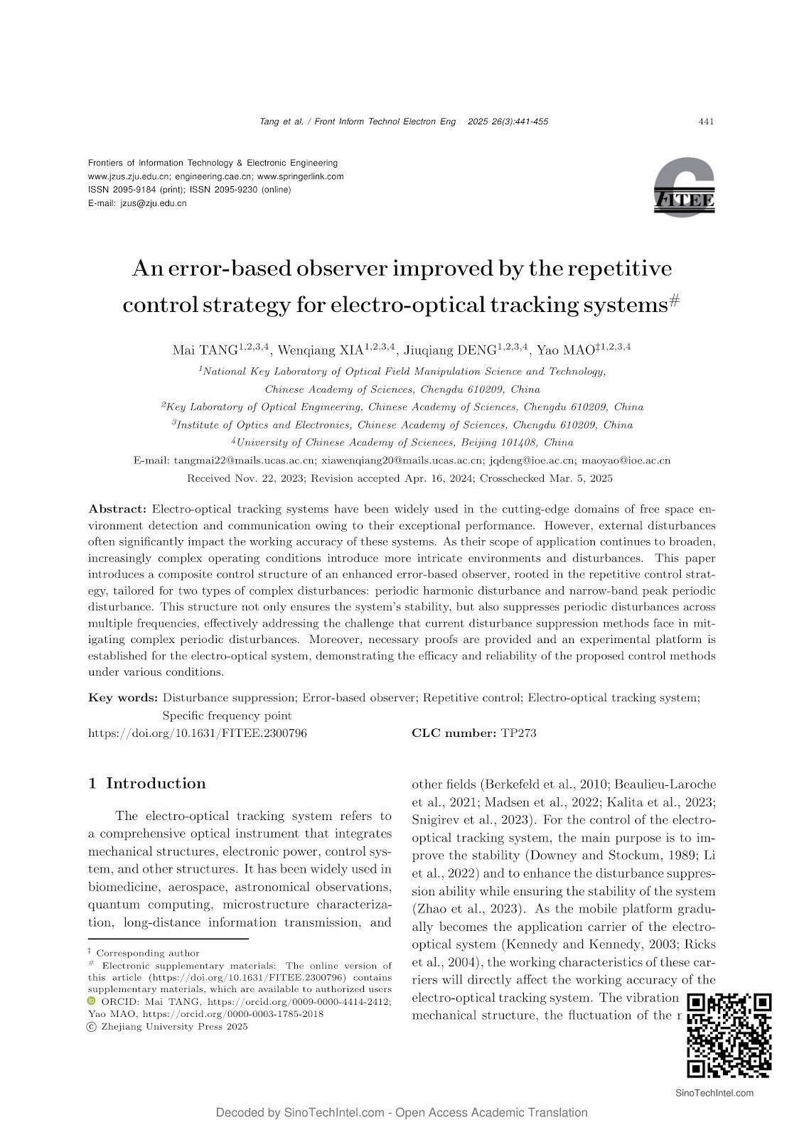 An error-based observer improved by the repetitive control strategy for electro-optical tracking systems
