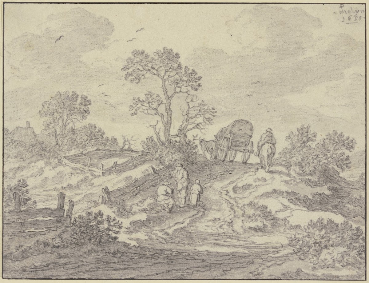 Weg über einen Hügel mit einem Wagen und einem Reiter vorn drei Figuren ca 1655