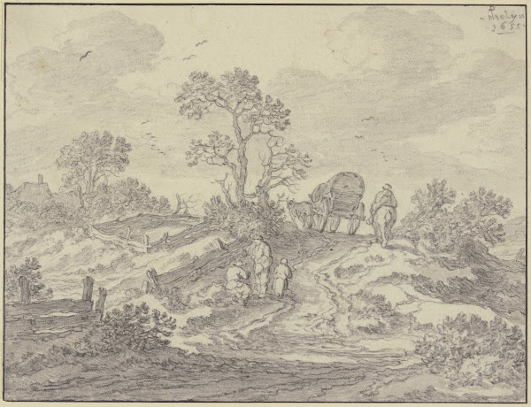 Weg über einen Hügel mit einem Wagen und einem Reiter vorn drei Figuren ca 1655