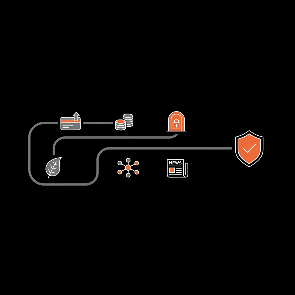 Minimal vector infographic showing a short subscription path and a longer organic path with press article icons and a shield badge, illustrating how to get verified on Twitter without being famous.
