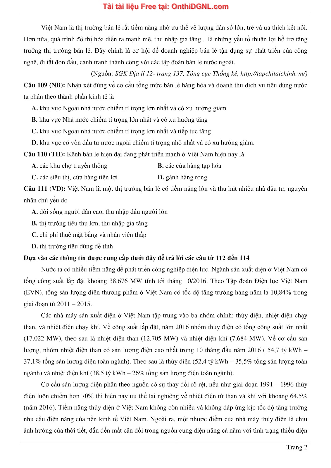 250 bài tập môn Địa Lý - Ôn thi ĐGNL ĐHQG TP HCM Phần 22