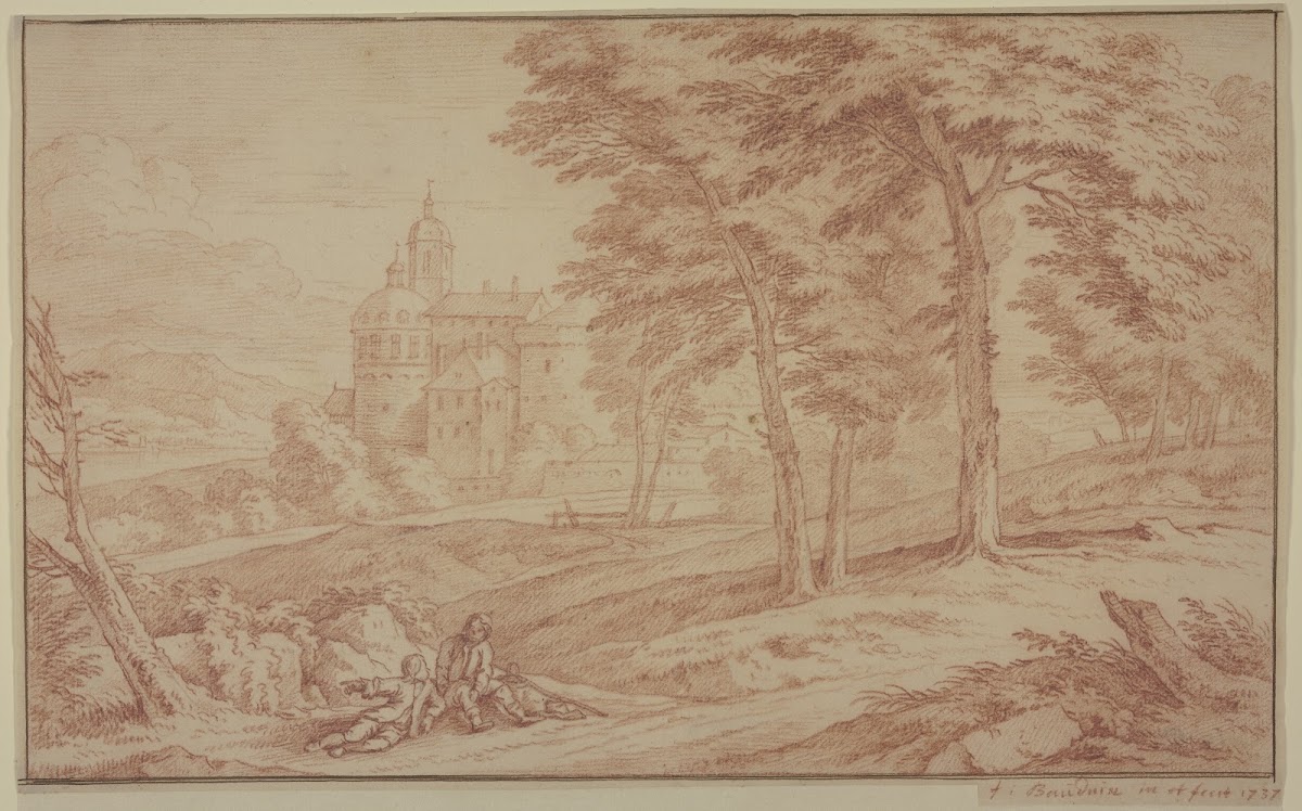 Landschaft links ein Schloß rechts Bäume vorne zwei Knaben am Wege sitzend 1737