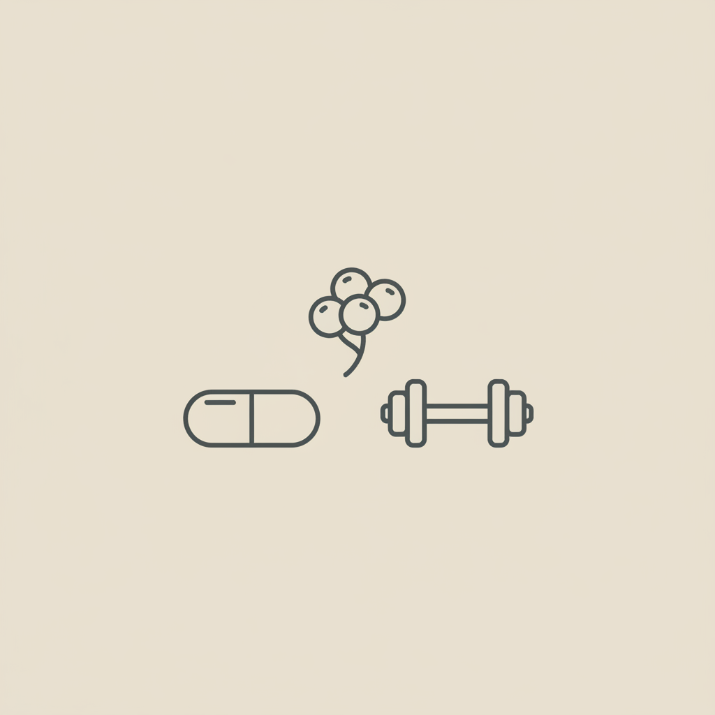Minimalist Tonum-style line illustration of a capsule, dumbbell, and berry cluster on a flat beige background, representing best weight suppressant pill