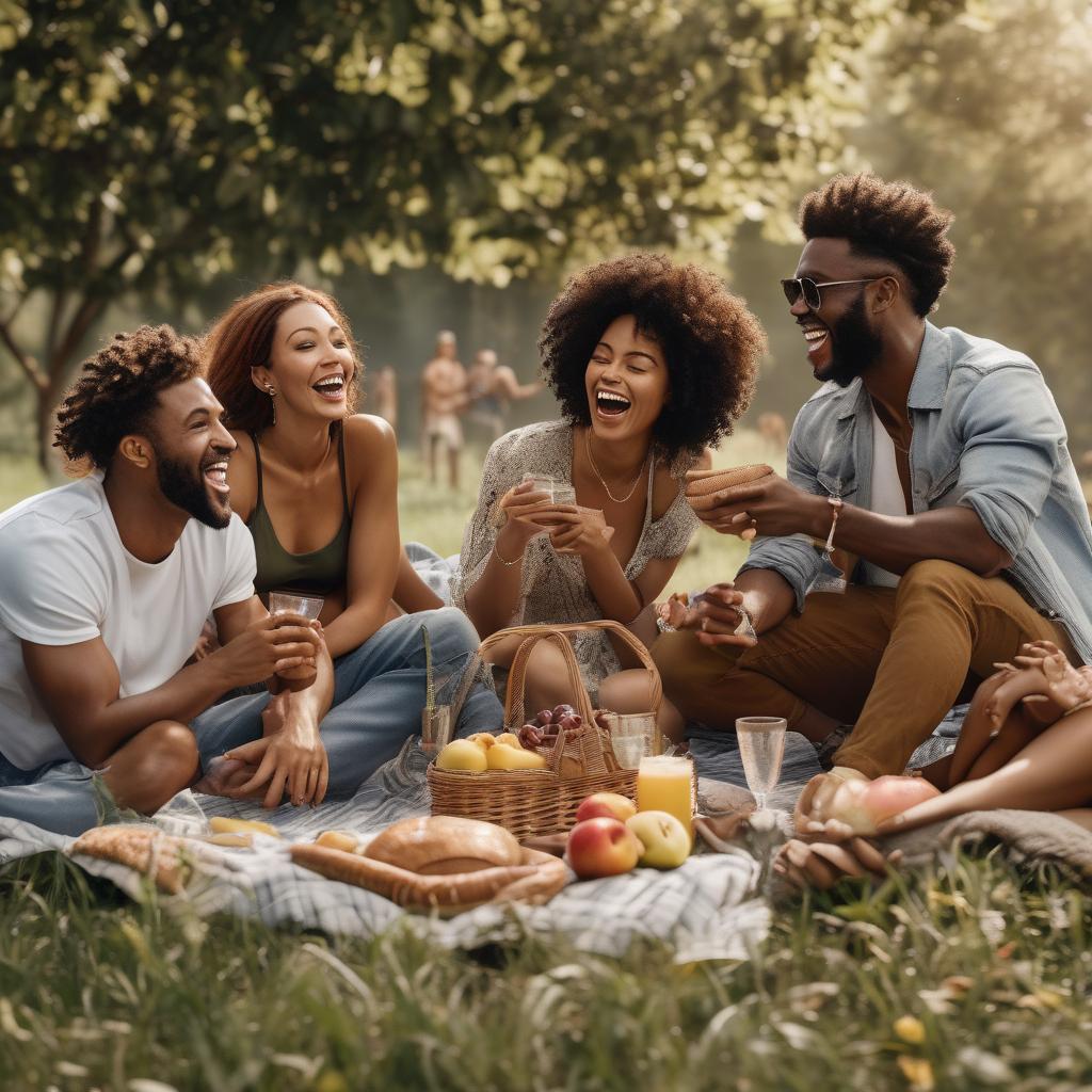 A diverse group of friends laughing and enjoying a picnic outdoors, away from screens