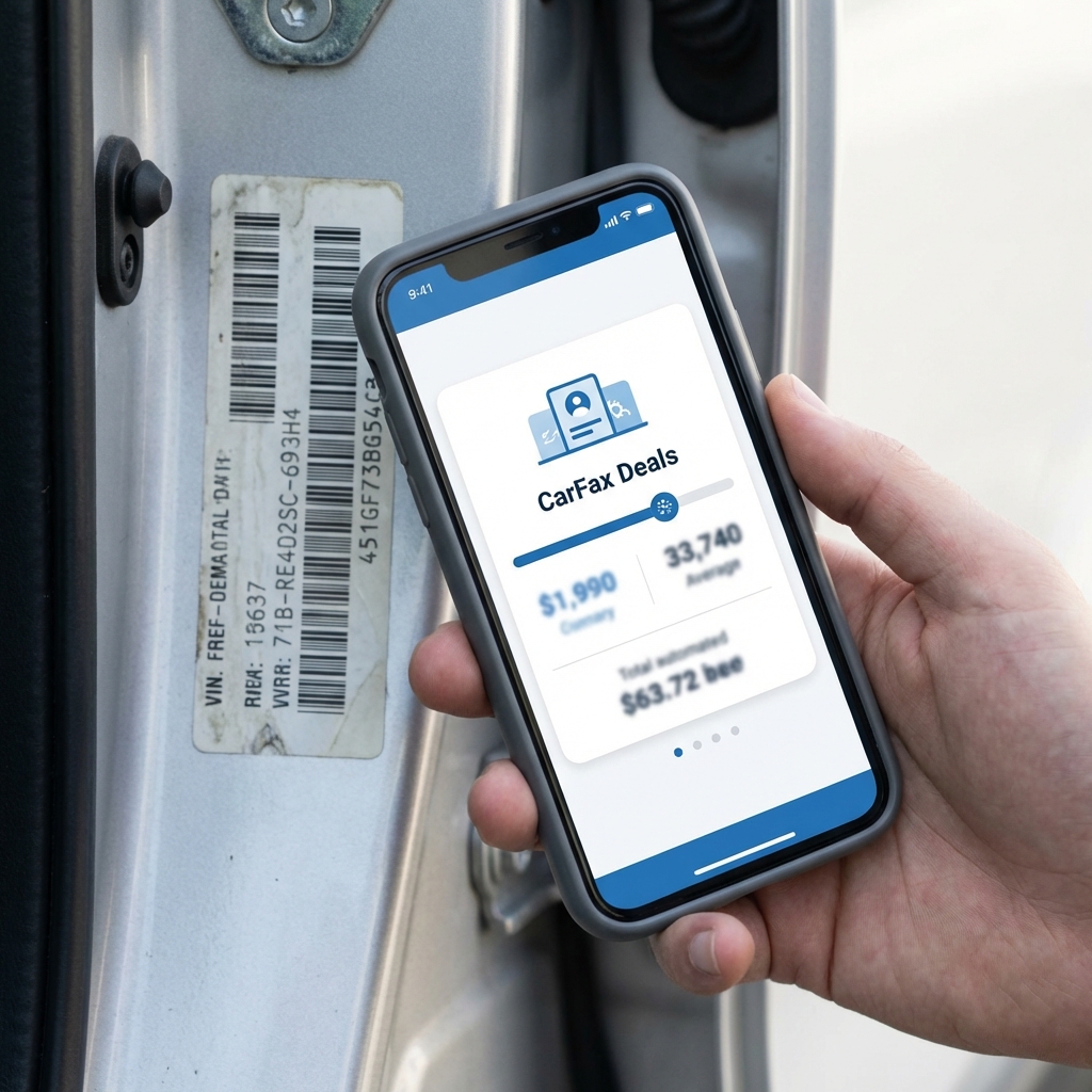 Close up of a VIN sticker on a driver side door jamb with a hand holding a smartphone showing a minimal report summary for cheap cars for sale