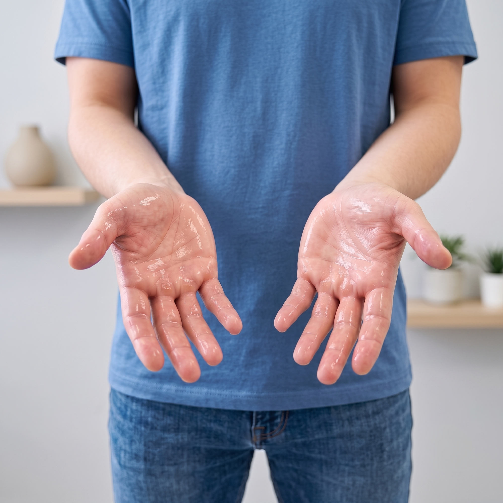 Warm dry hands resting on wood surface representing hyperhidrosis treatment
