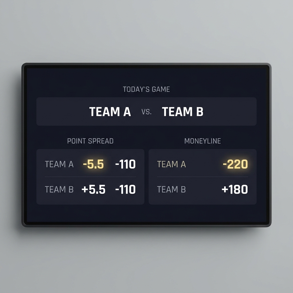 Close up of a minimalist point spread and moneyline display with favorite numbers highlighted on a clean gray background for sports betting lines today
