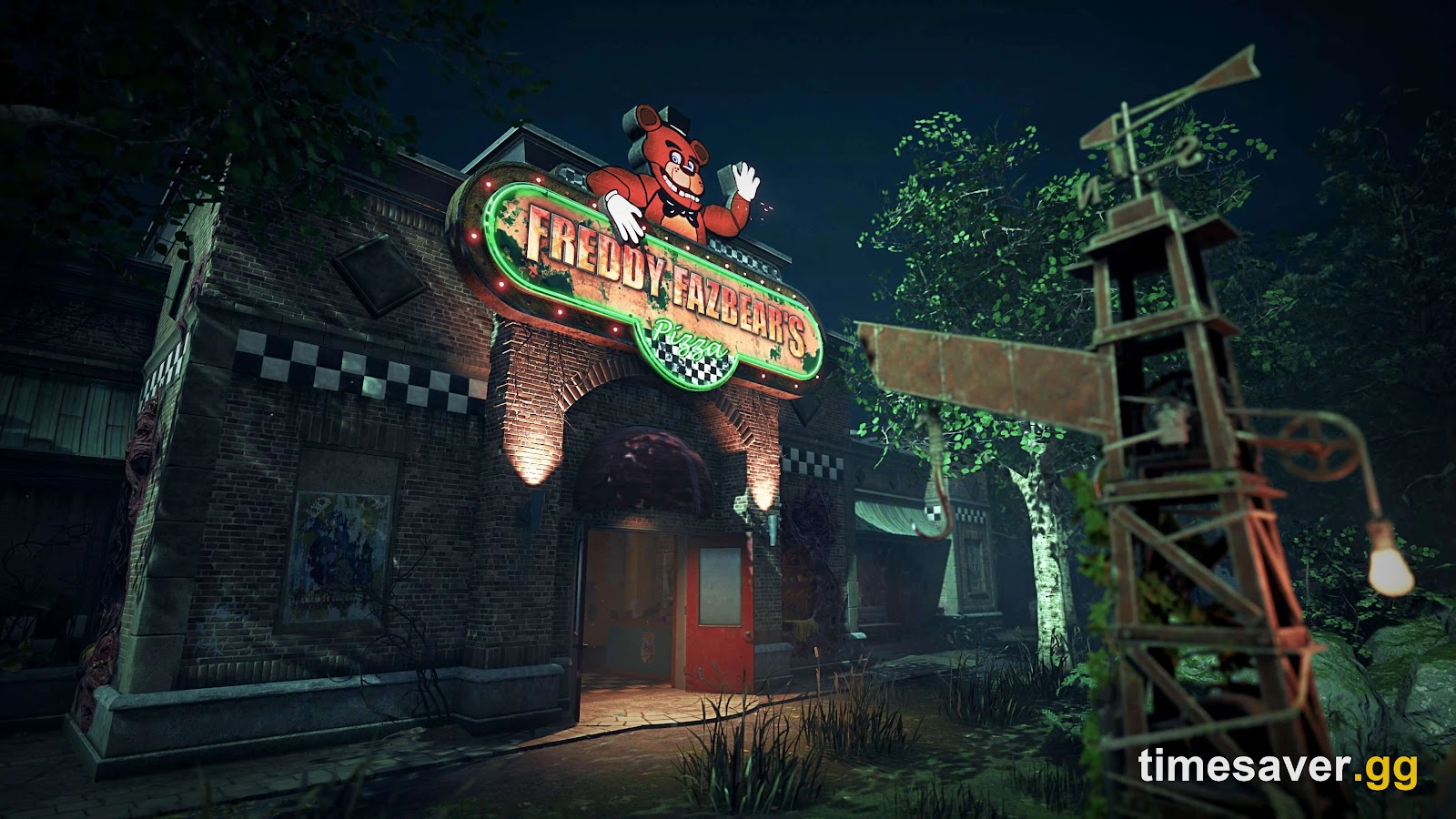 The Freddy Fazbear's Pizza map in Dead by Daylight at night, showing the lit restaurant sign, overgrown grounds and playground equipment
