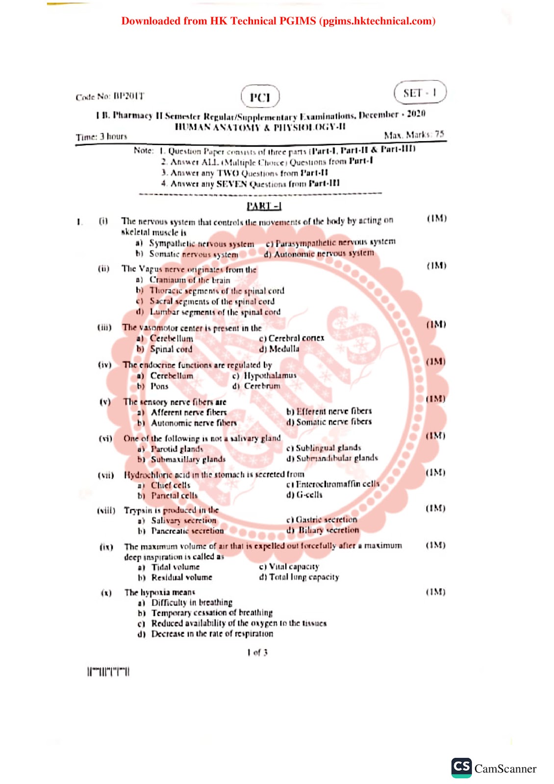 Anatomy & Physiology-II Last 10 year question papers 2nd Semester B.Pharmacy Previous Year's Question Paper,BP201T Human Anatomy and Physiology II,