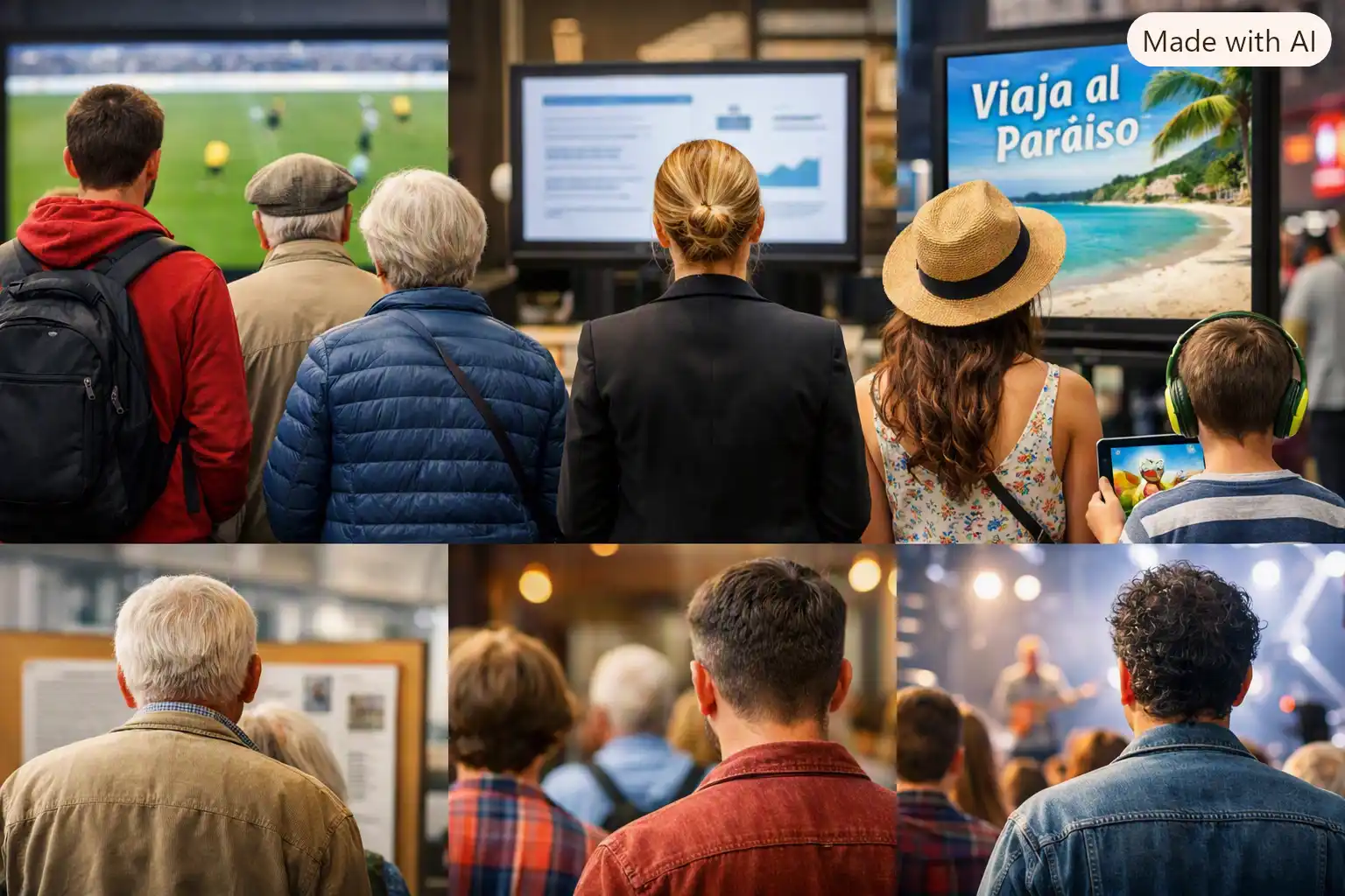 Grupo de personas de espaldas mirando distintas pantallas y carteles, representando públicos diversos.