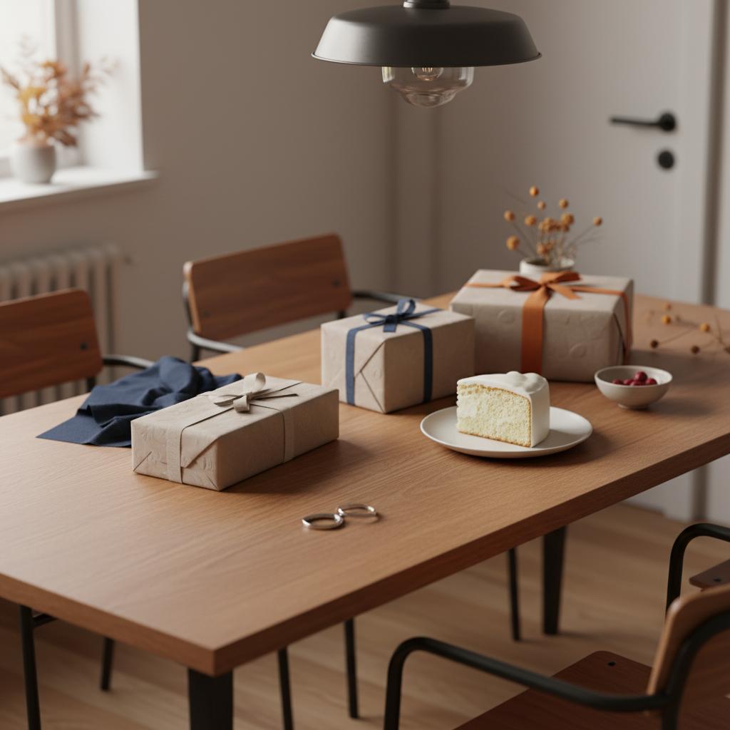 Intimes Stillleben auf Esstisch mit verpackten Geschenken, Vanillestück und Edelstahl-Schlüsselanhänger im minimalistischen Raum – geschenke für ältere eltern