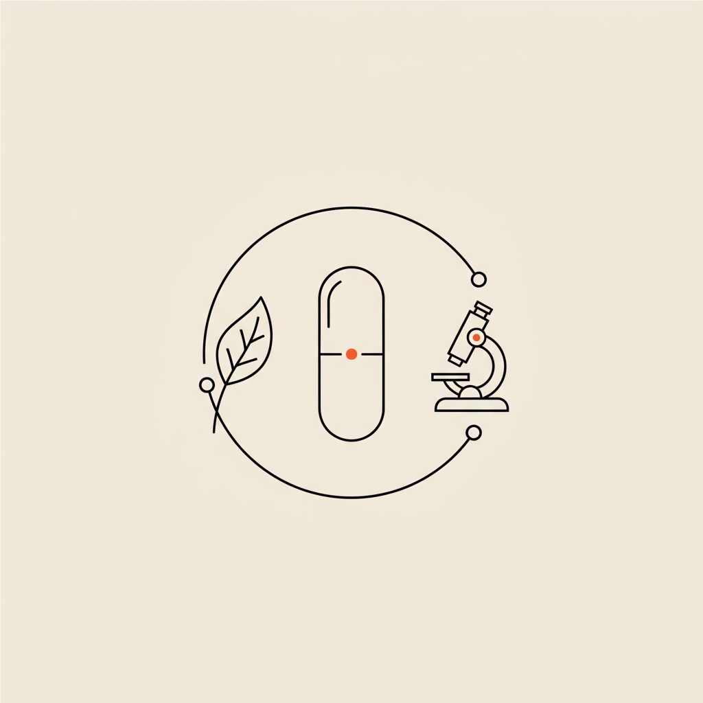 Minimal Tonum-style line illustration of a capsule, leaf, and small microscope connected by a thin circular line on beige background, symbolizing best brain enhancing pill