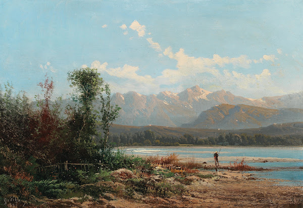 A Mountainous Lake Landscape with Fisherman 1882