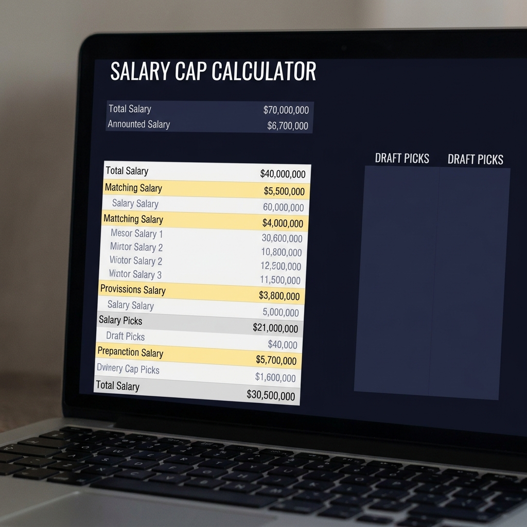 Close up laptop spreadsheet salary cap calculator with highlighted salary matching rows and draft pick columns in Funded Plays palette bucks prediction