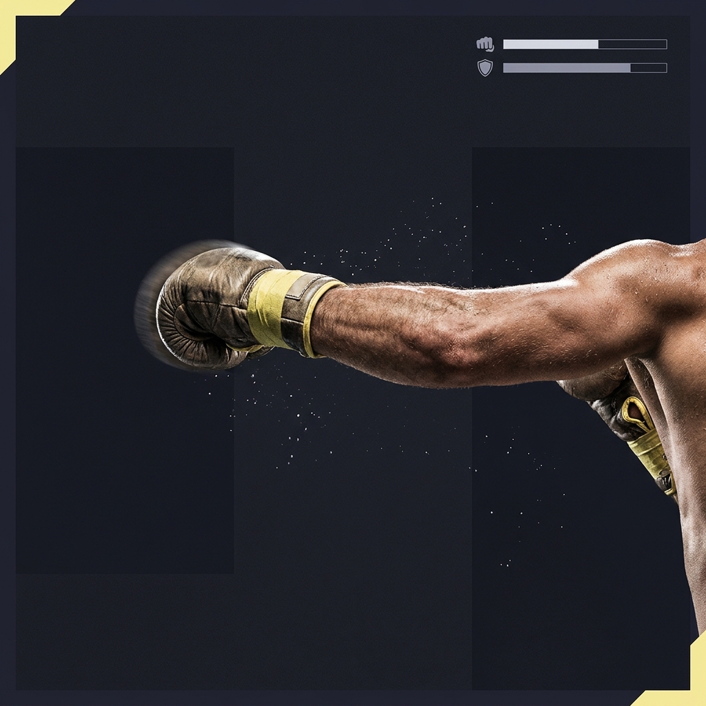 Close up of a generic fighter mid action with minimalist translucent stat bars and icons on dark Funded Plays background How to Avoid Narrative Bias in Combat Sports