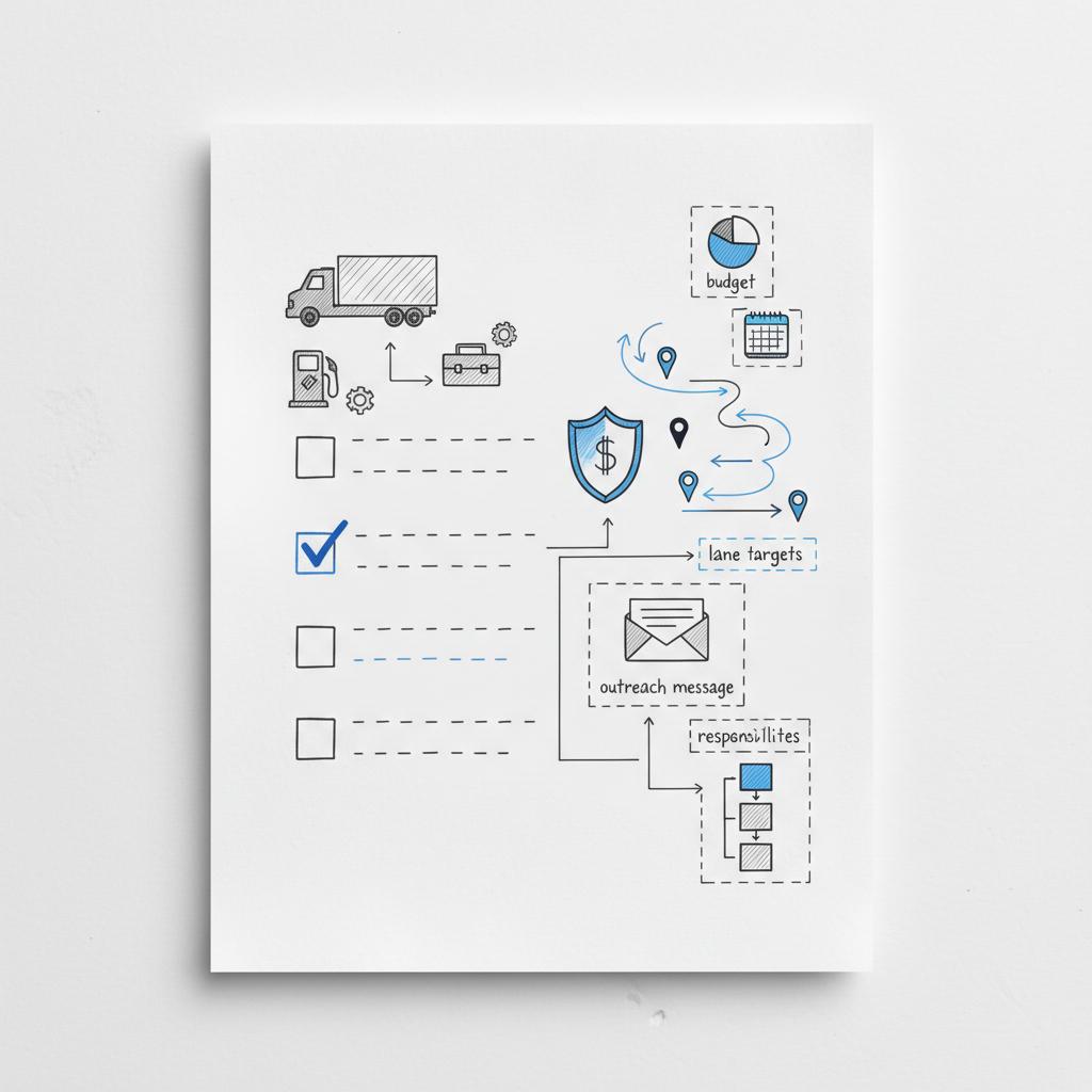 Notebook-style sketch checklist showing equipment icons, insurance shield, lane route targets, and outreach message box for owner-operators get work with minimalist blue and dark-gray accents