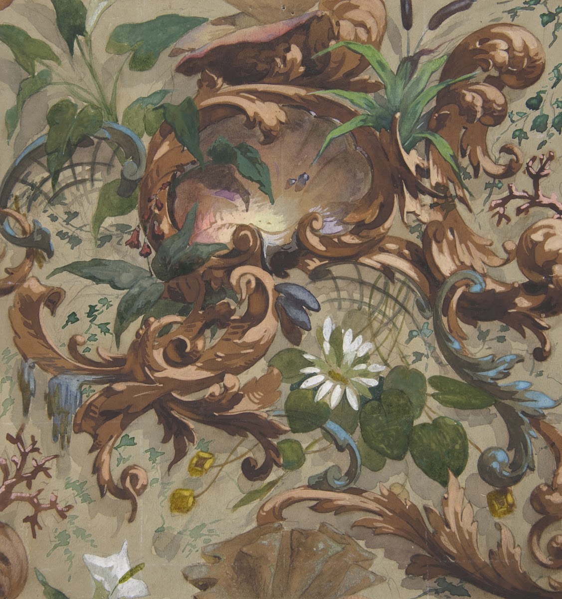 Design for wallpaper featuring shells waterlilies and cattails 183097