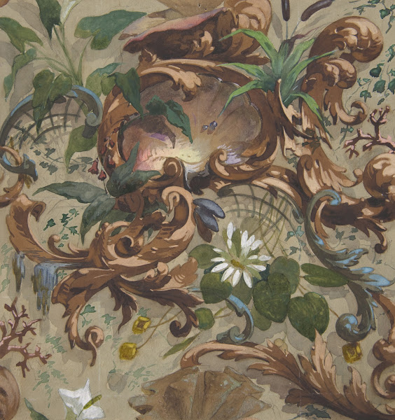 Design for wallpaper featuring shells waterlilies and cattails 183097