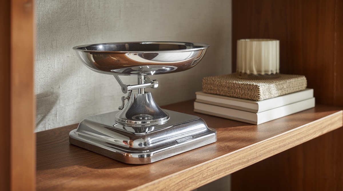 How to Style Chrome Decorative Objects on Open Wood Shelves - small apartment chrome furniture measured beside warm wood storage