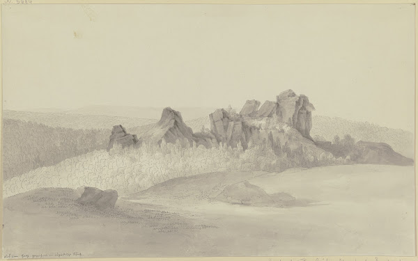 Felsengruppe auf einer bewaldeten Berghöhe im Harz 1799