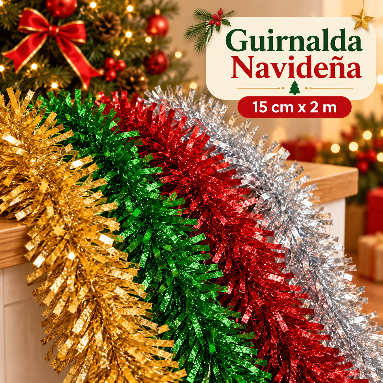 Guirnalda navideña de tinsel extra tupida 15 cm x 2 m (surtida)