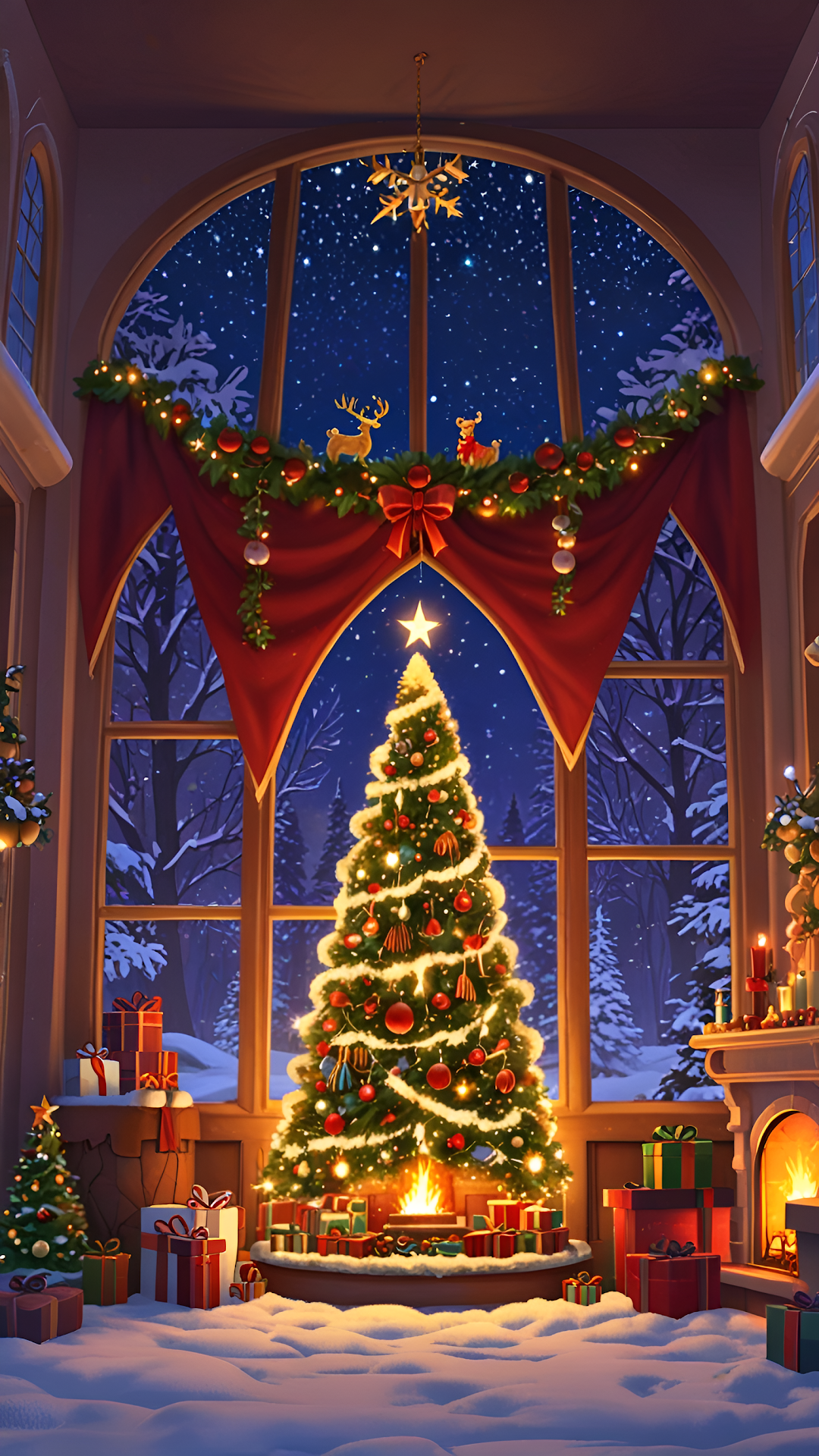 Cozy Christmas Tree Lit by Fireplace in Snowy Window View - Free 4K mobile Wallpaper