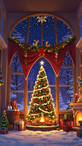 Cozy Christmas Tree Lit by Fireplace in Snowy Window View