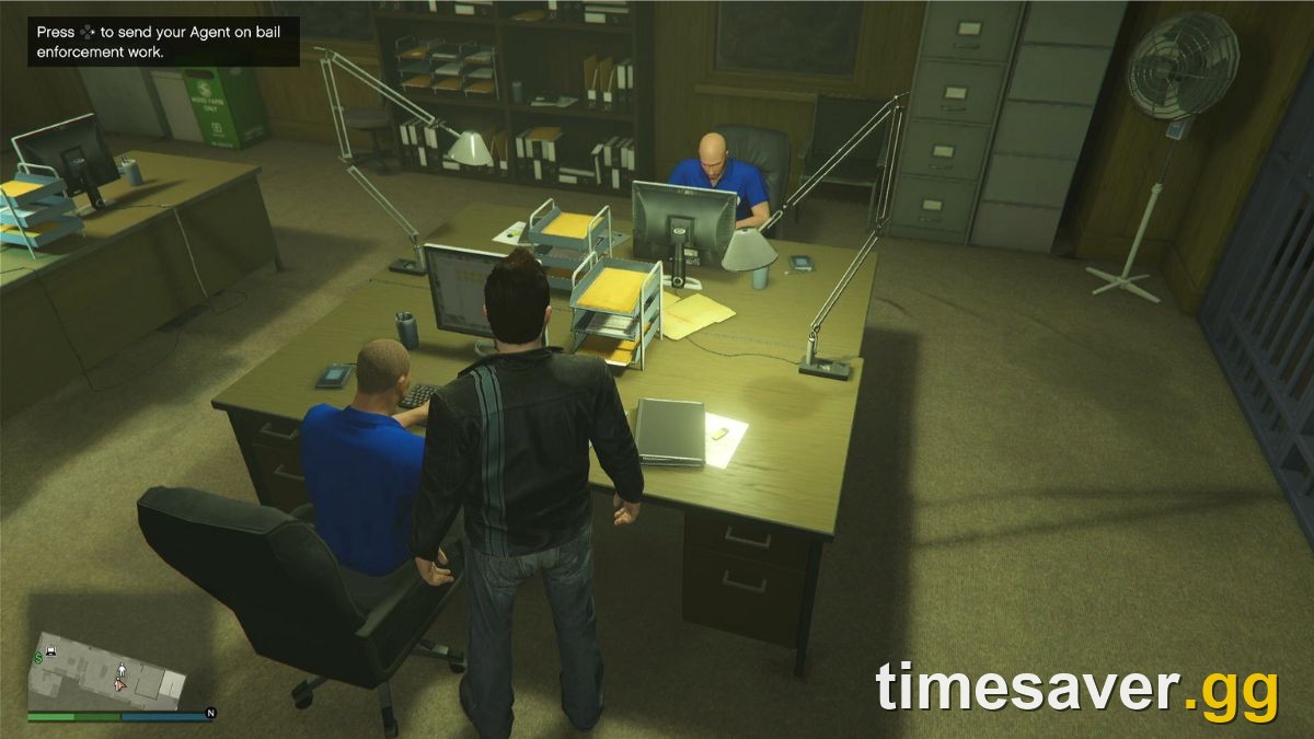 GTA Online Bail Office interior with two bail enforcement agents working at their desks and the prompt to send an agent on bail enforcement work