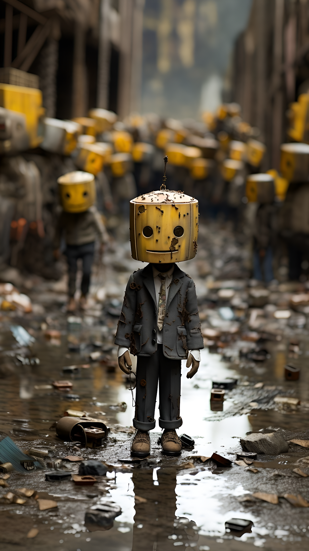 Rusty Robot Child in Post-Apocalyptic Alley with Yellow Heads - Free 4K mobile Wallpaper