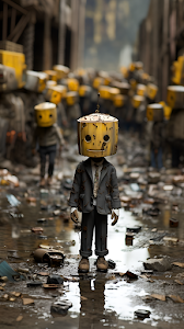 Rusty Robot Child in Post-Apocalyptic Alley with Yellow Heads