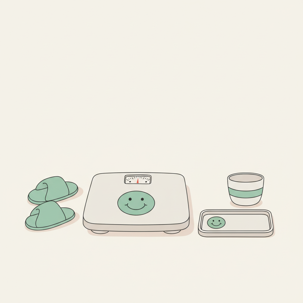 Minimalistische 2D-Vektorillustration einer Waage mit Smiley-Sticker statt Zahl, Pantoffeln und Tasse in Vegardians-Farben, symbolisch für mindset abnehmen