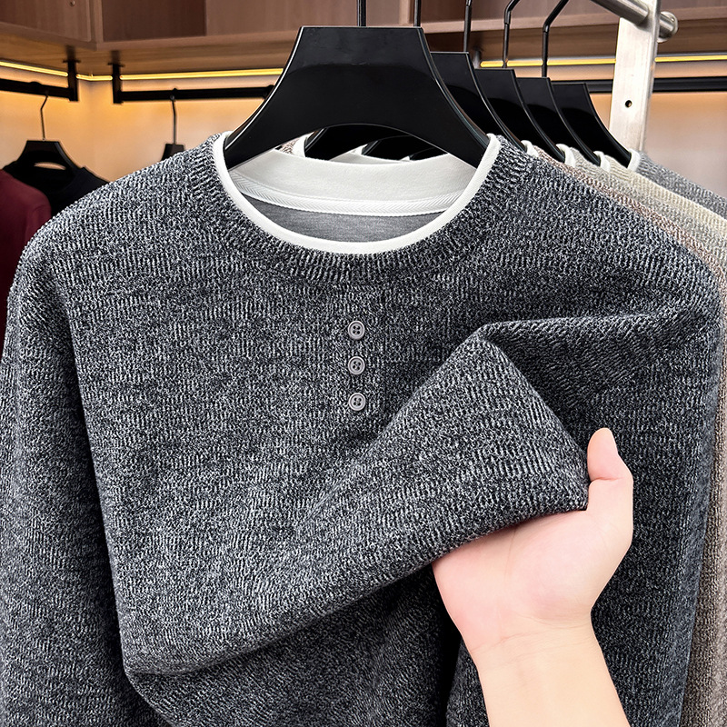Men's Knit Sweater, Round Neck, Long Sleeve, Fake Layer Look