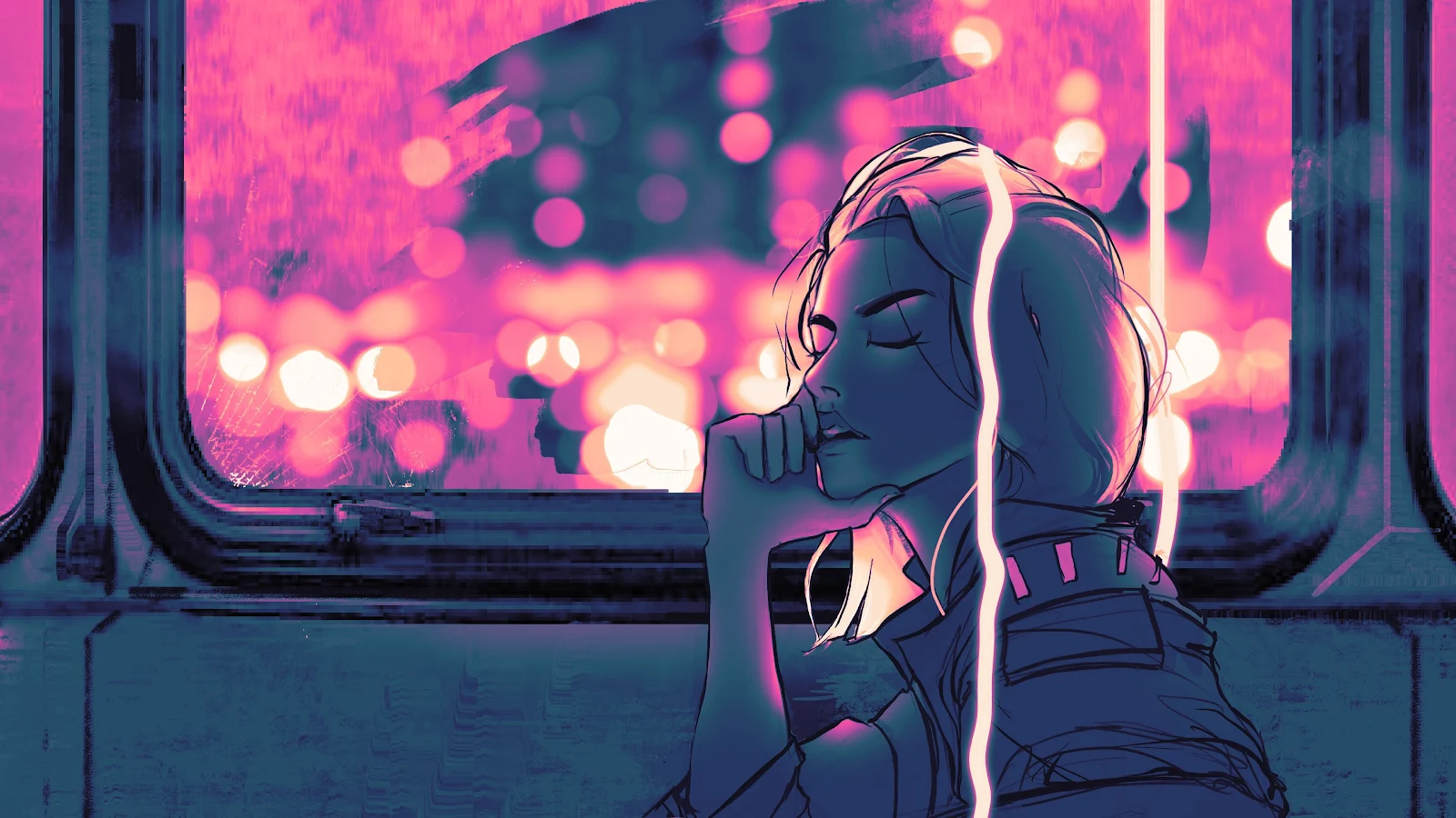 Cyberpunk, Pensive, Train, Citylights 4K Wallpaper Background [3840x2160]