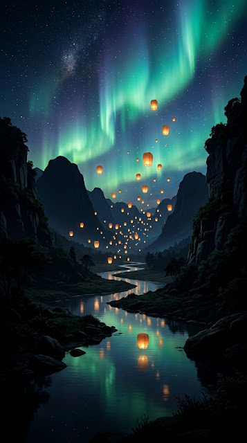 Serene Valley Floating Lanterns Aurora Sky Mobile Wallpaper - Free mobile Wallpaper