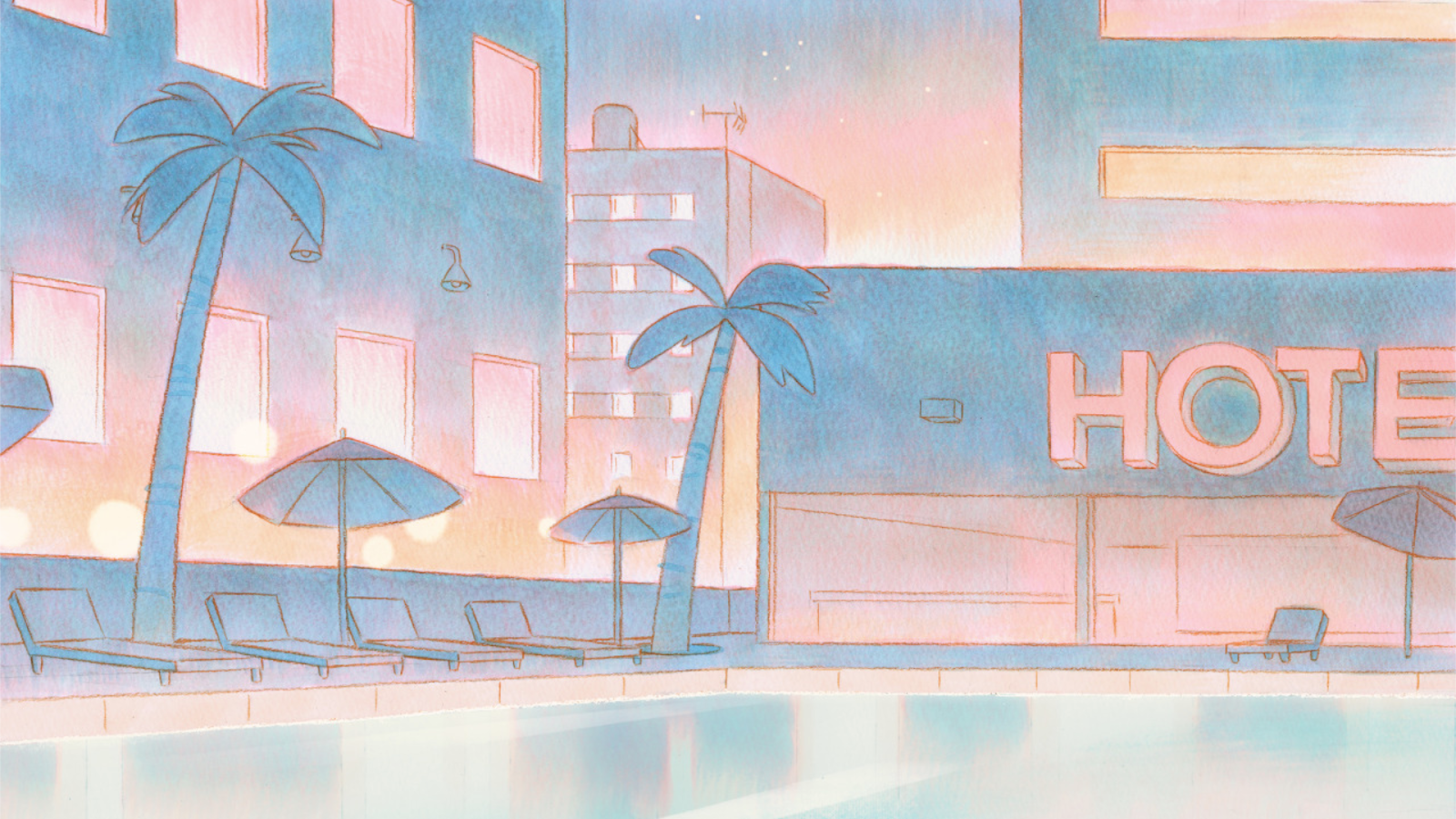 Retro Pastel Hotel Pool - Pastel Digital Art Full HD Wallpaper (1920x1080)
