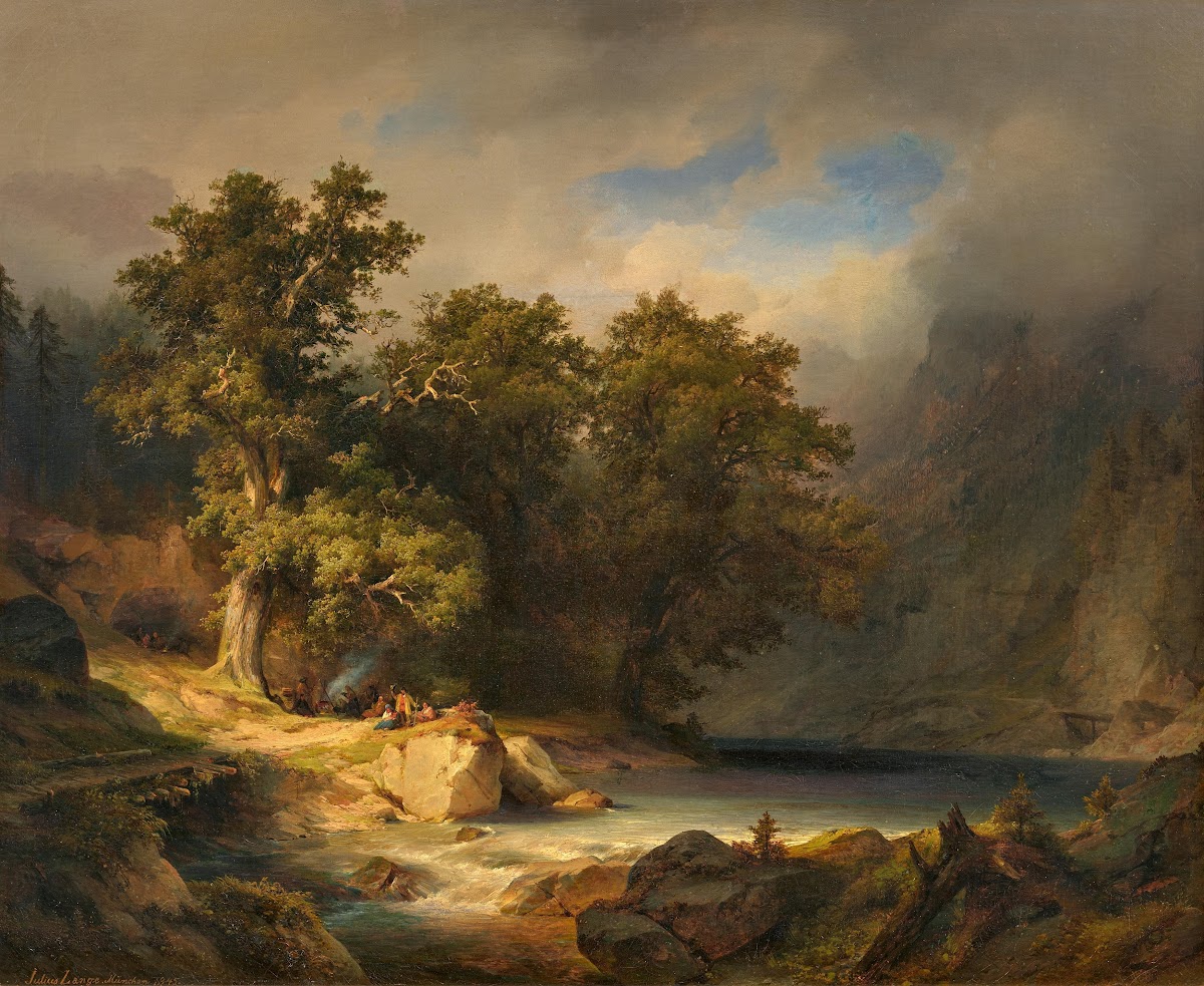 Evening Mood At The Mountain Stream With Campfire And Mighty Oak Trees 1845