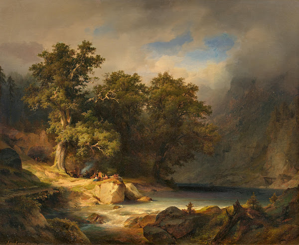 Evening Mood At The Mountain Stream With Campfire And Mighty Oak Trees 1845