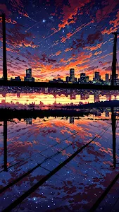 Dramatic Sunset Reflection Over City Skyline and Water