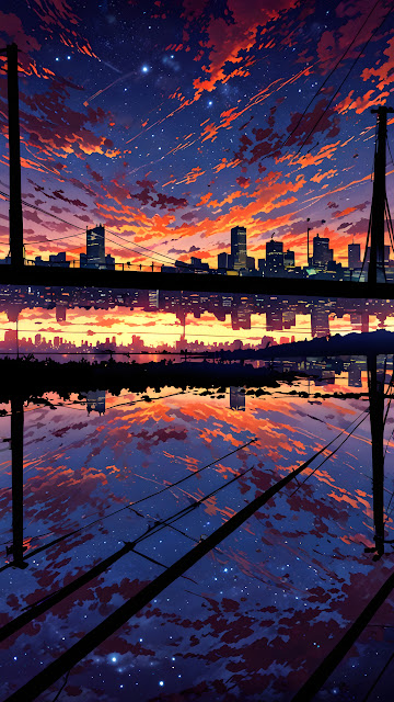Dramatic Sunset Reflection Over City Skyline and Water - Free mobile Wallpaper