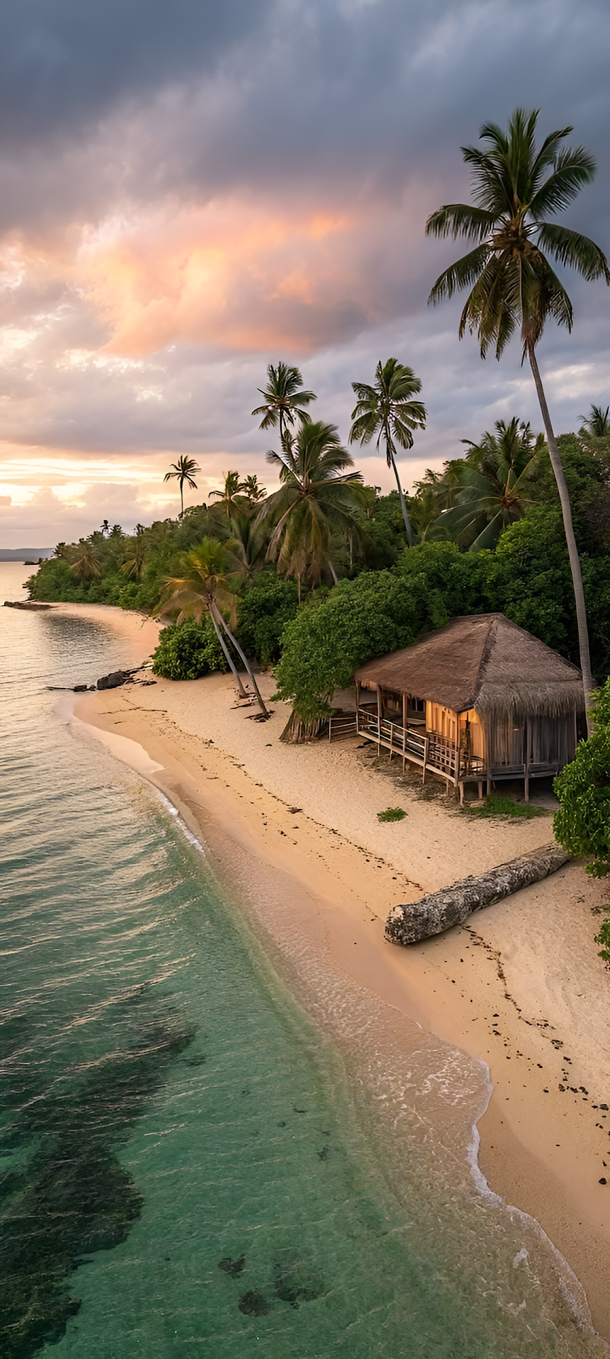 Serene Tropical Beach Sunset with Palm Trees and Thatched Hut - Free 4K mobile Wallpaper