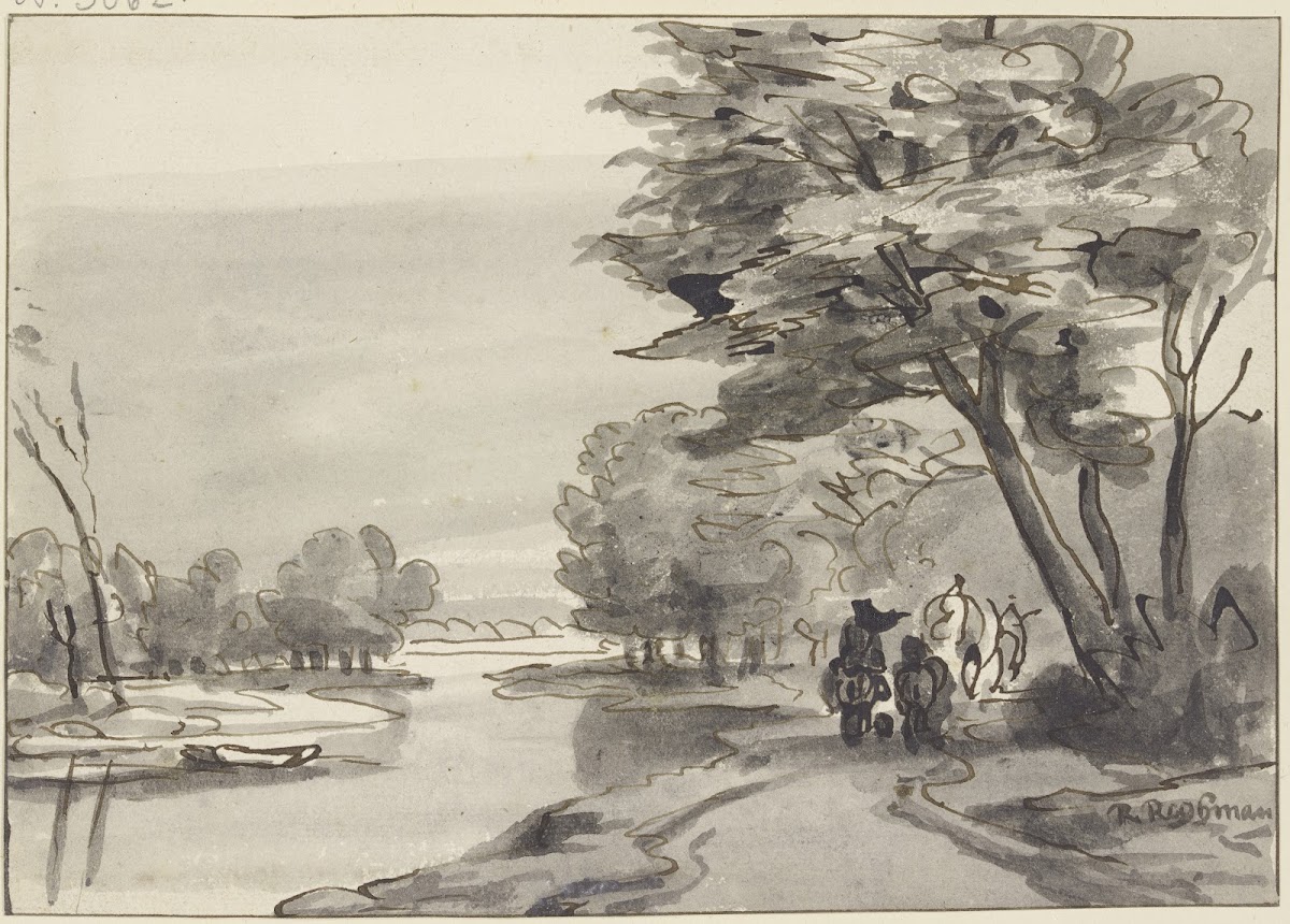 Fluss mit waldigem Ufer rechts ein Wagen und Reiter