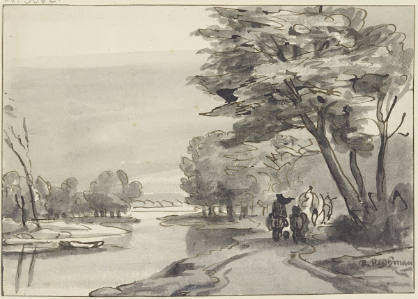 Fluss mit waldigem Ufer rechts ein Wagen und Reiter