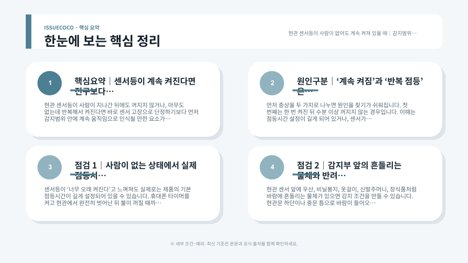 현관 센서등의 감지범위와 열원, 밝기 조건, 전원 상태를 순서대로 확인하는 점검 흐름