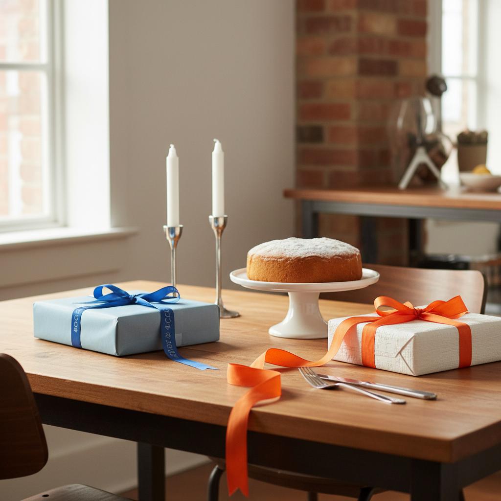 Esstisch mit mehreren Geschenkboxen, einfachem Vanillekuchen und dezenten Metall-Accessoires in warmer, rustikal-industrieller Atmosphäre – originelle geschenkideen
