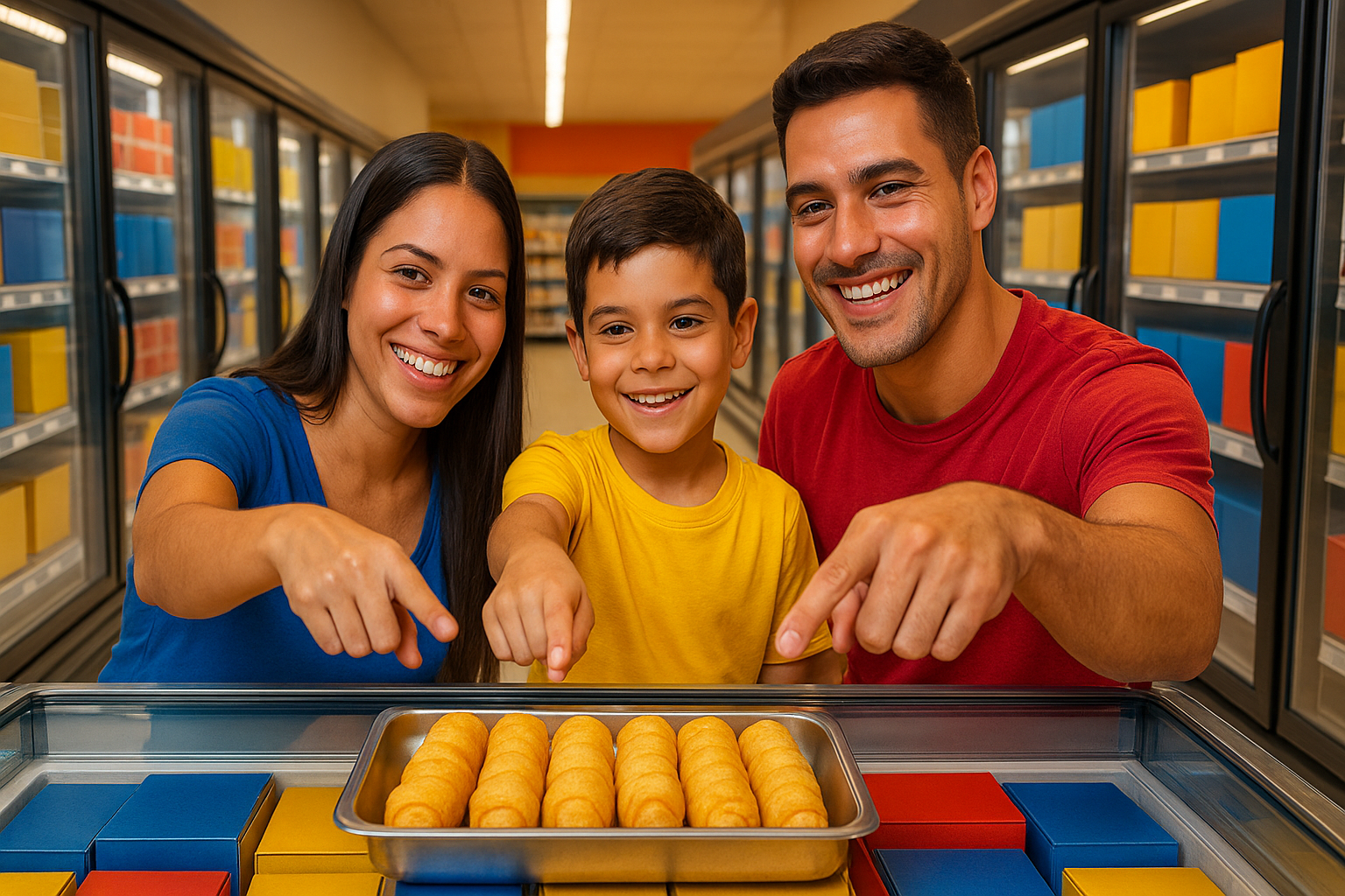 Familia venezolana frente a un congelador de supermercado escogiendo tequeños