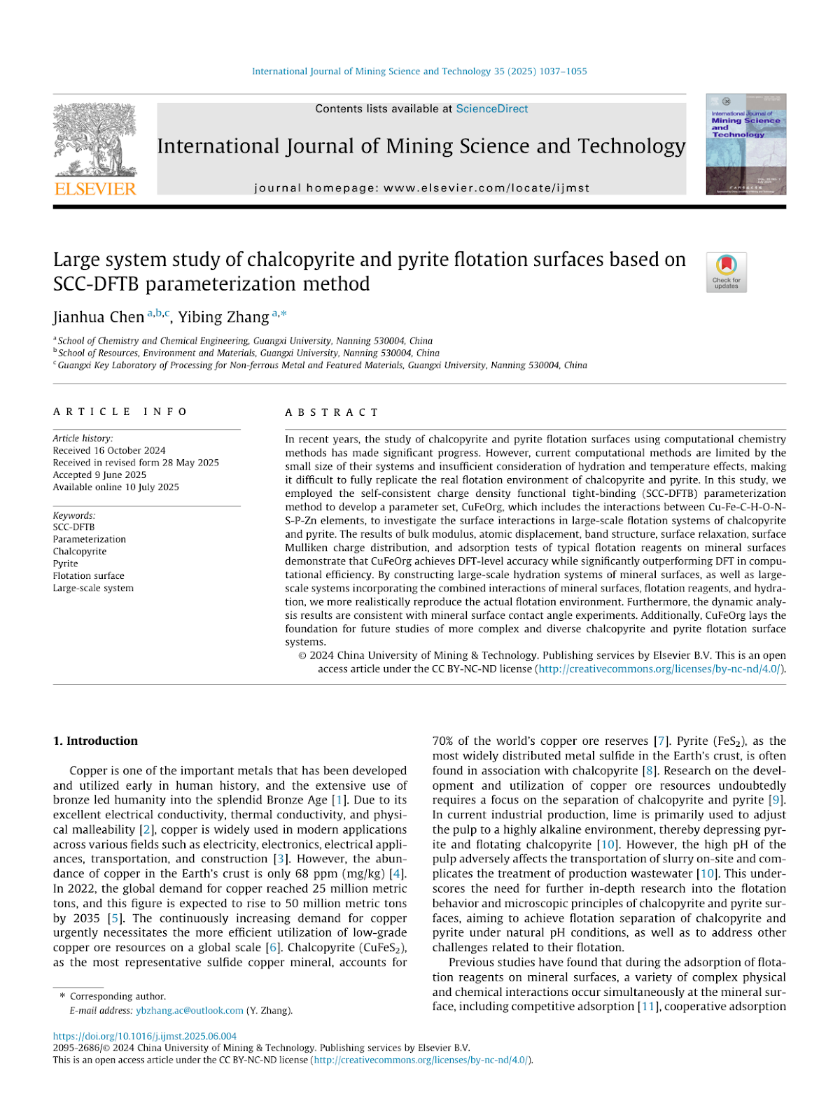 Large system study of chalcopyrite and pyrite flotation surfaces based on SCC-DFTB parameterization method