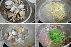 Ngao rửa sạch ngâm trong nước muối khoảng 2 giờ cho ngao nhả sạch bùn cát. Tiếp đó cho ngao vào nồi nước đun cho đến khi ngao mở miệng thì vớt ra. Chắt lấy phần nước luộc ngao và bỏ phần cặn dưới đáy nồi, cho nước luộc ngao vào nồi đun sôi trở lại rồi cho giá đỗ vào đun sôi sau đó cho ngao trở lại nồi. Cho ớt thái lát, một ít muối, tỏi băm và hẹ vào đun sôi trở lại là xong.